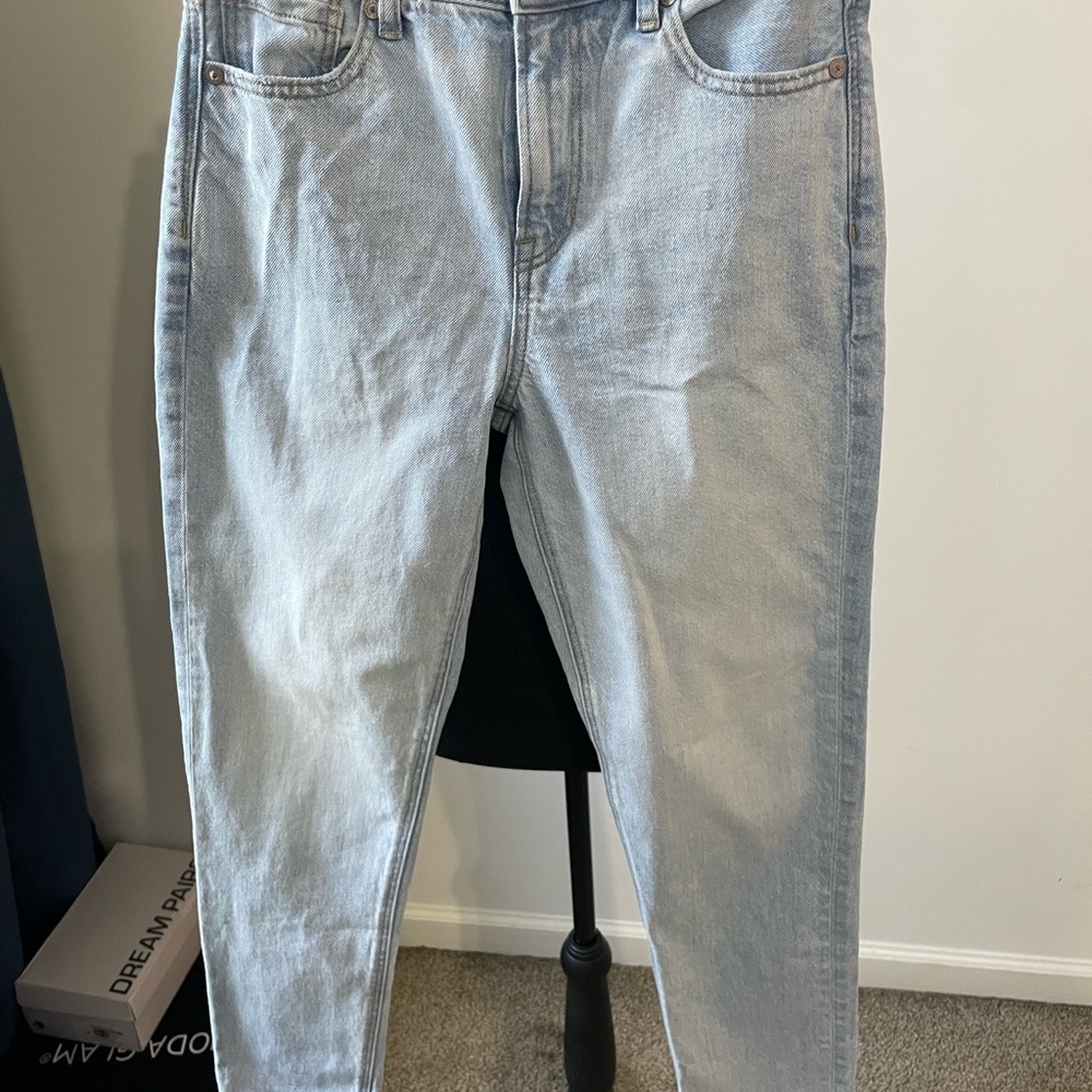 American Eagle Outfitters Pale Blue Denim Jeans with Brown Leather Patch